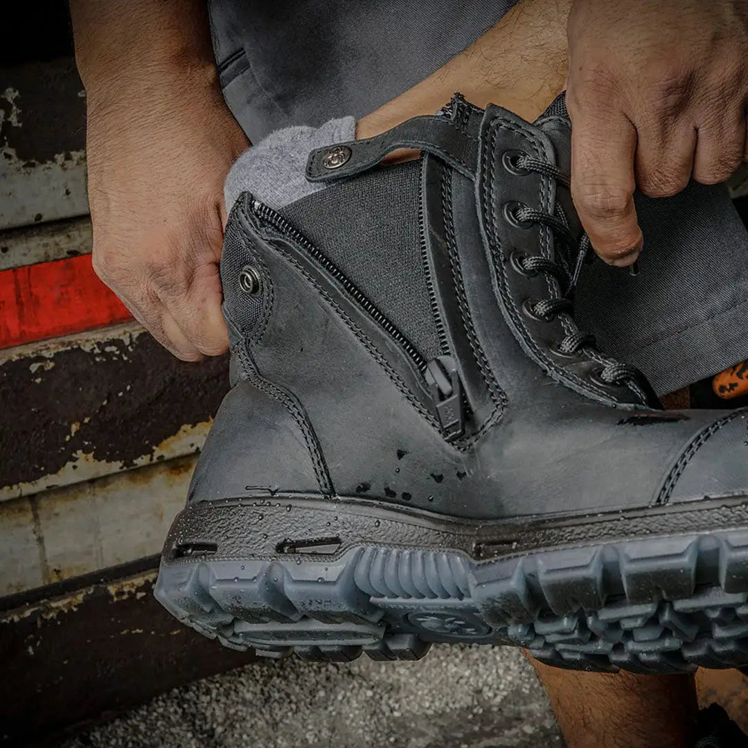 Gray Redback Cobar Lace Zip Up Safety Boot featuring steel toe and rugged sole