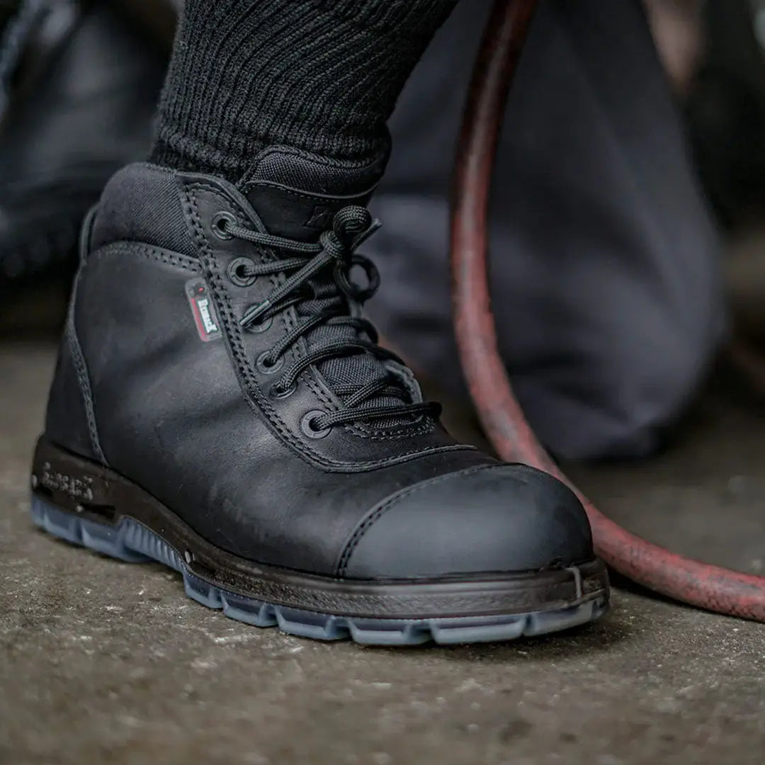 Black leather Redback Cobar Lace Zip Up Safety Boots with rugged sole and steel toe