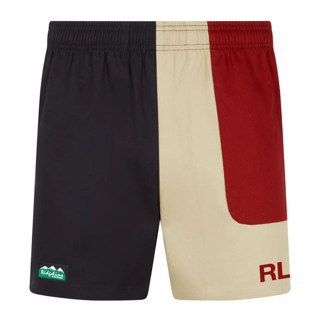 Colorblock Ridgeline Backslider Shorts in navy, beige, and red with RL lettering