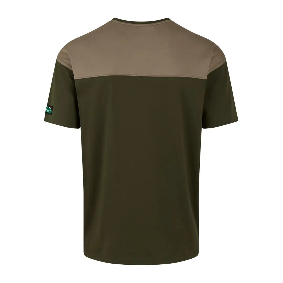 Two-tone Ridgeline Backslider T-Shirt in dark green and tan, comfy 200gsm weight