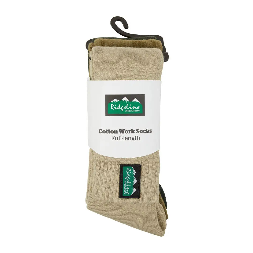 Beige cotton work socks with a green logo from Ridgeline for all your work needs