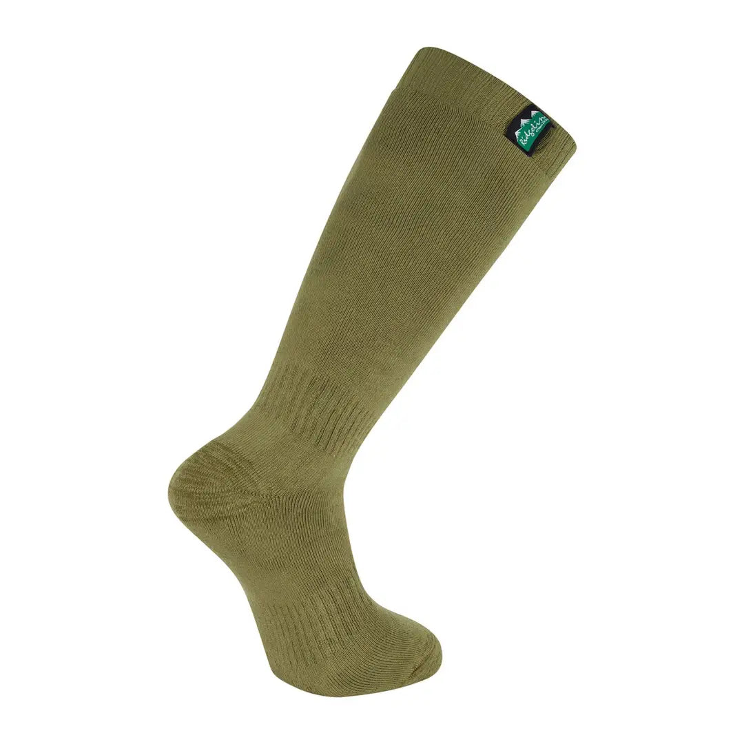 Olive green knee-high cotton work socks featuring a small teal logo near the top