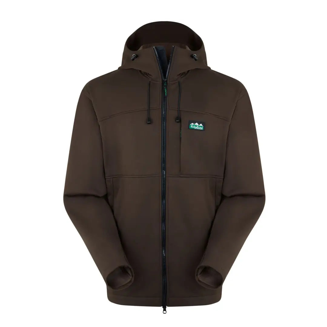 Brown hooded Ridgeline Gradient Jacket with a teal logo, perfect choice for the British Isles