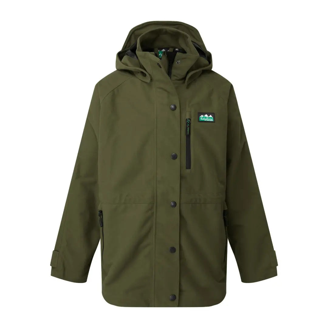 Olive green hooded Ridgeline Kids Monsoon Jacket with teal logo patch on chest