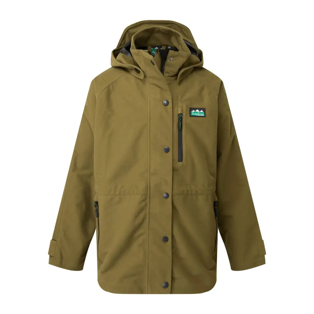 Olive green Ridgeline Kids Monsoon Jacket with teal logo patch on chest