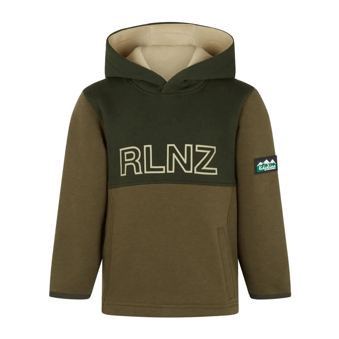 Olive green Ridgeline Kids NZ Hoodie with RLNZ text for outdoor adventures and hunting