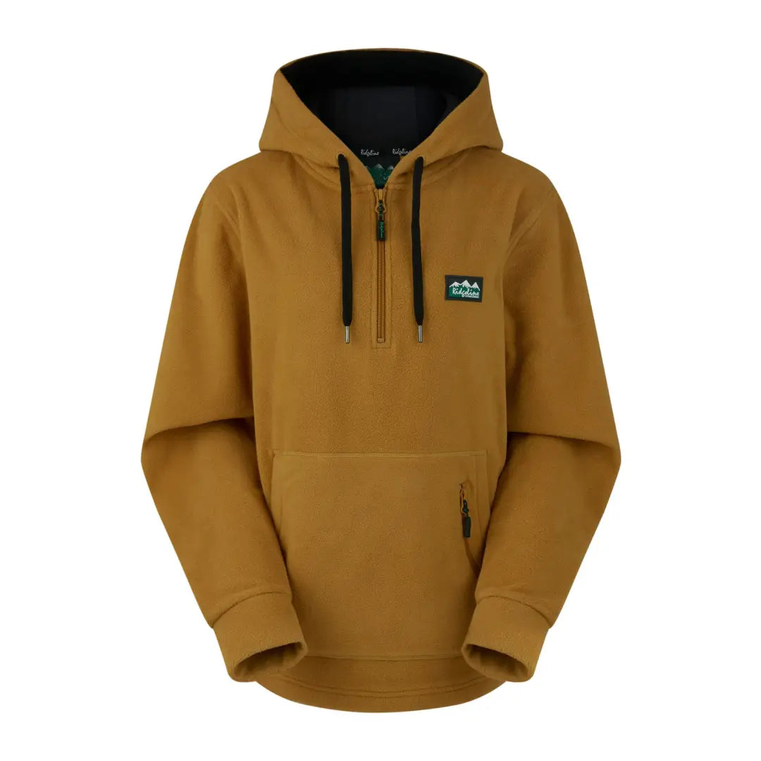 Mustard-colored Ridgeline Ladies Ballistic Hoodie with half-zip and logo patch