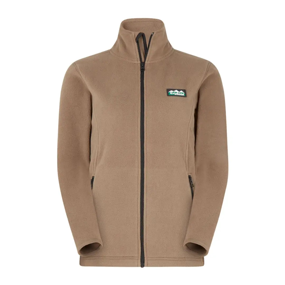 Tan fleece jacket with zipper and logo patch for stylish country clothing and outdoors