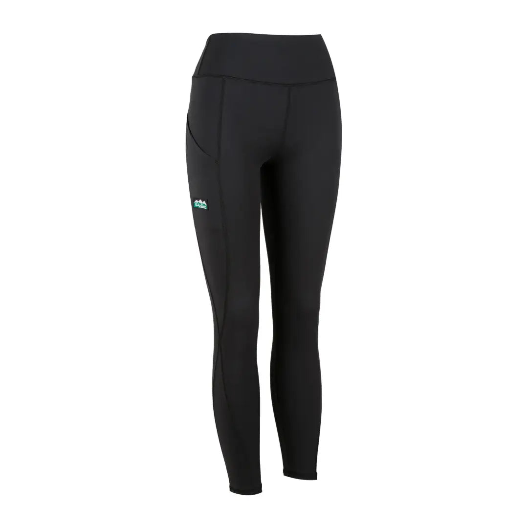 Black Ridgeline Ladies Infinity Leggings with teal logo on thigh for stylish workouts