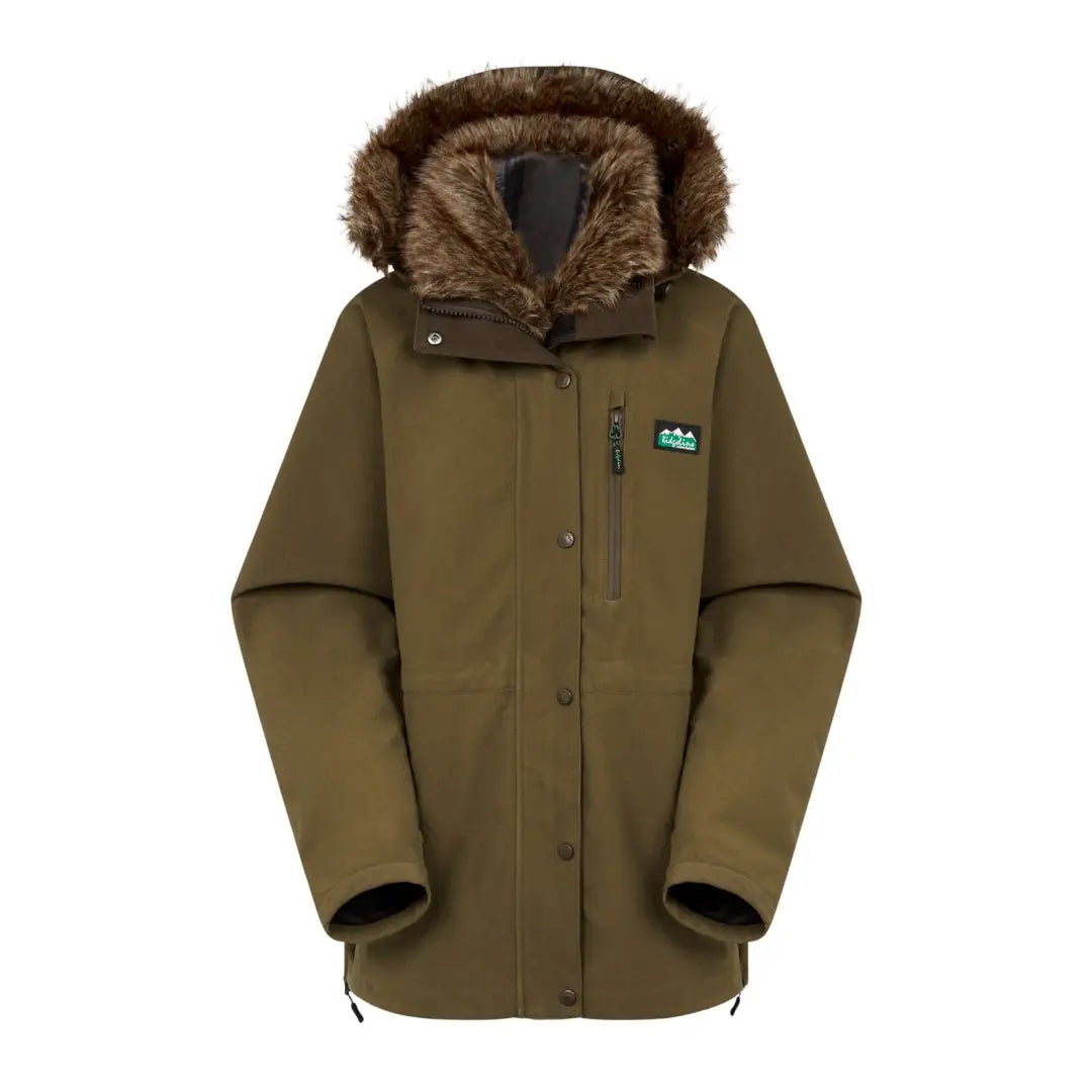 Olive green Ridgeline Ladies Monsoon II Arctic Jacket with fur-trimmed hood and logo