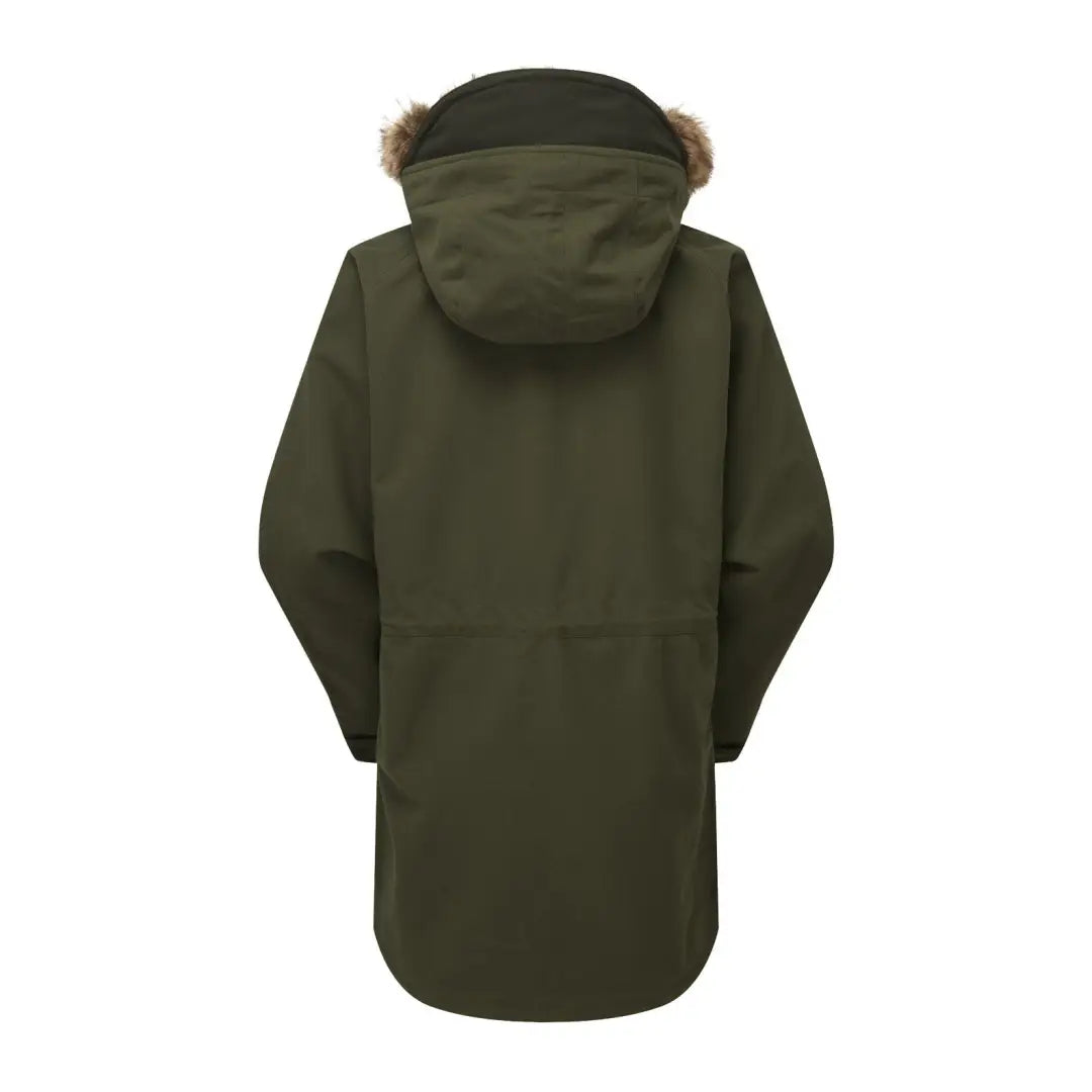 Dark green hooded parka with fur trim, perfect for extra warmth in the Monsoon II Arctic