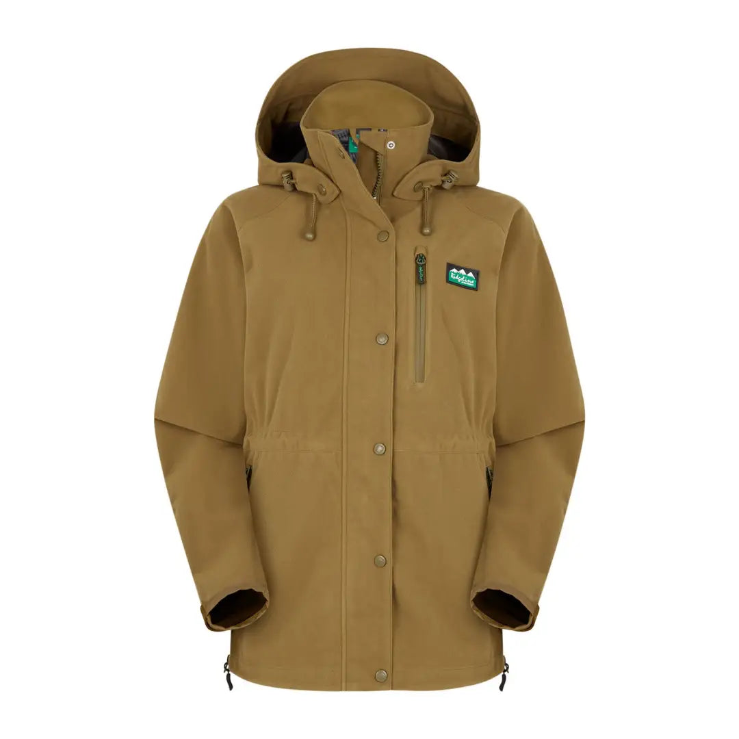 Tan hooded outdoor jacket with teal logo patch from Ridgeline Ladies Monsoon II Classic