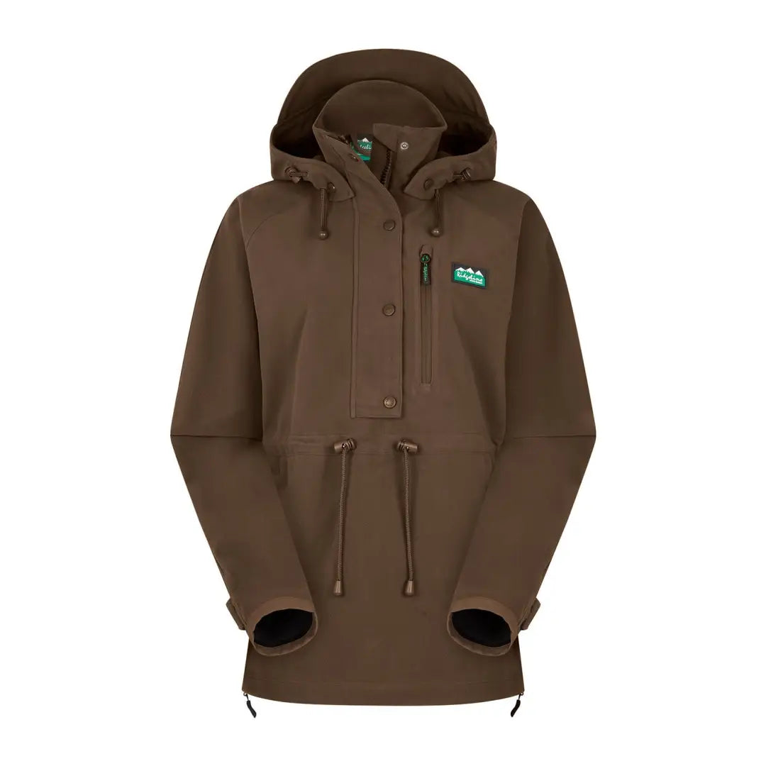 Brown hooded jacket with pocket, perfect for country clothing and hunting adventures