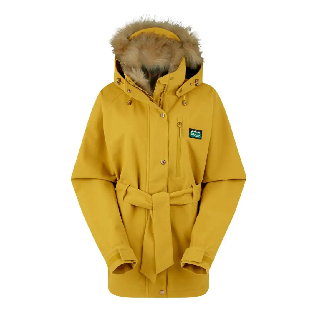 Yellow hooded fur-trimmed Monsoon Nordic Jacket with a stylish belt. Perfect for winter!