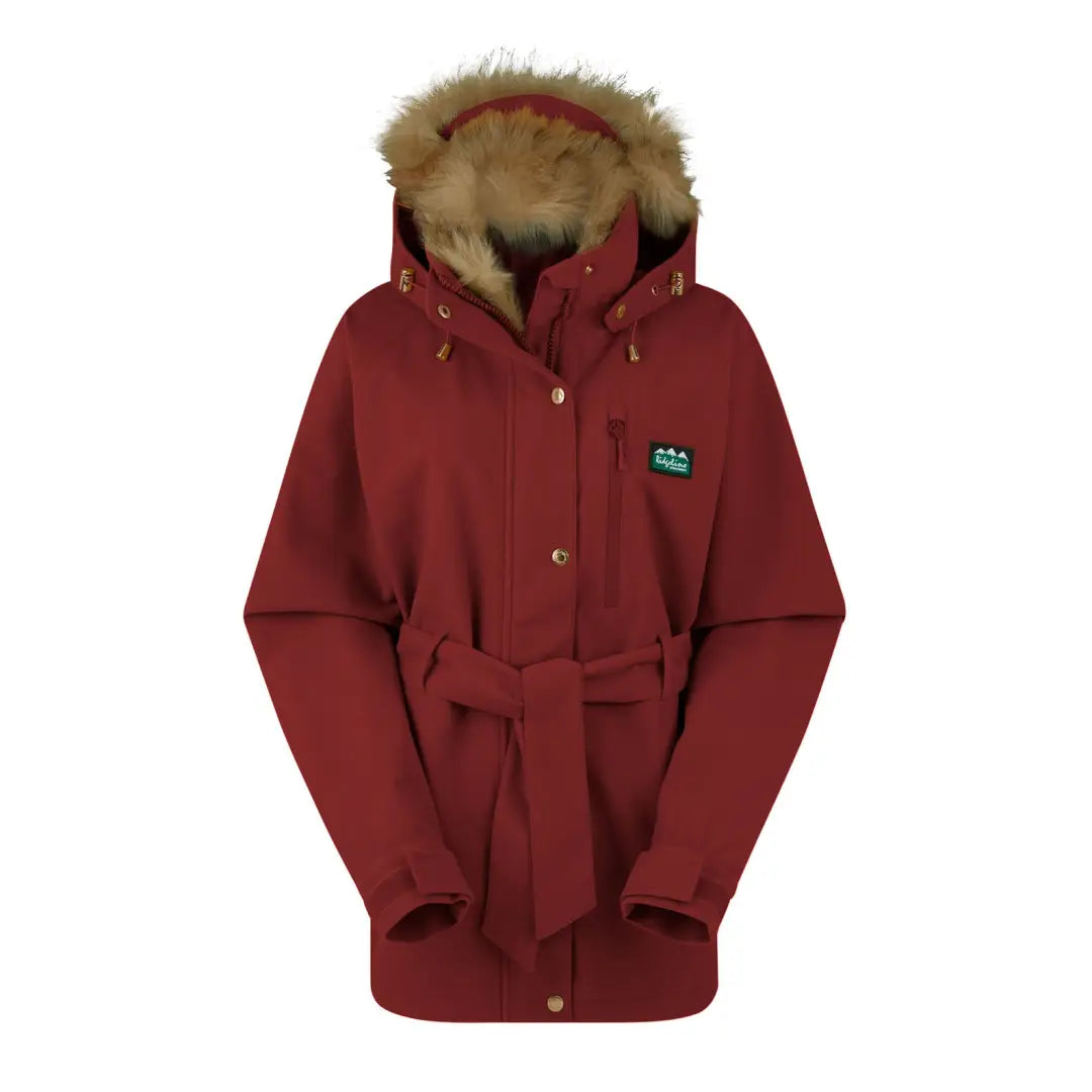 Red winter coat with fur-trimmed hood from the Ridgeline Monsoon Nordic Jacket