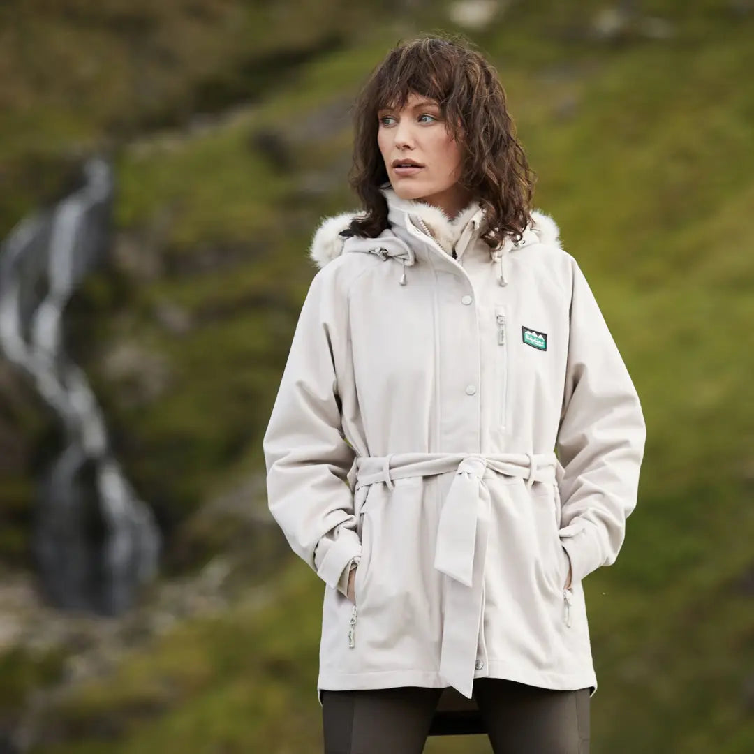 White hooded Ridgeline Ladies Monsoon Nordic Jacket with fur collar and belted waist