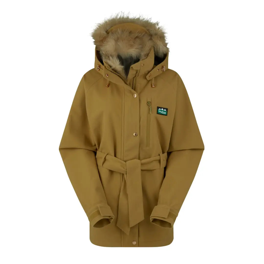 Tan hooded fur-trim winter coat with belt, perfect for the Monsoon Nordic Jacket style