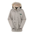 Light gray fur-trimmed hooded Monsoon Nordic Jacket with waist belt for winter style