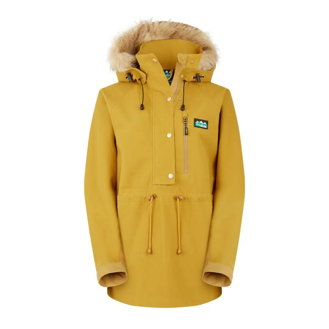 Yellow winter parka with fur trim, perfect for the Ridgeline Monsoon Nordic Smock