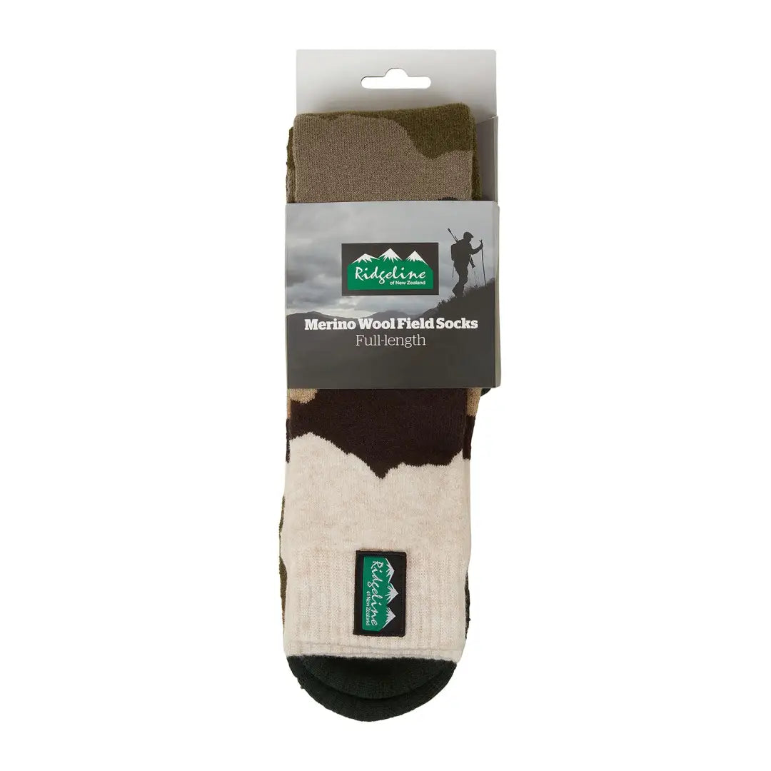 Pair of camouflage-patterned Ridgeline Merino Wool Socks in eco-friendly packaging