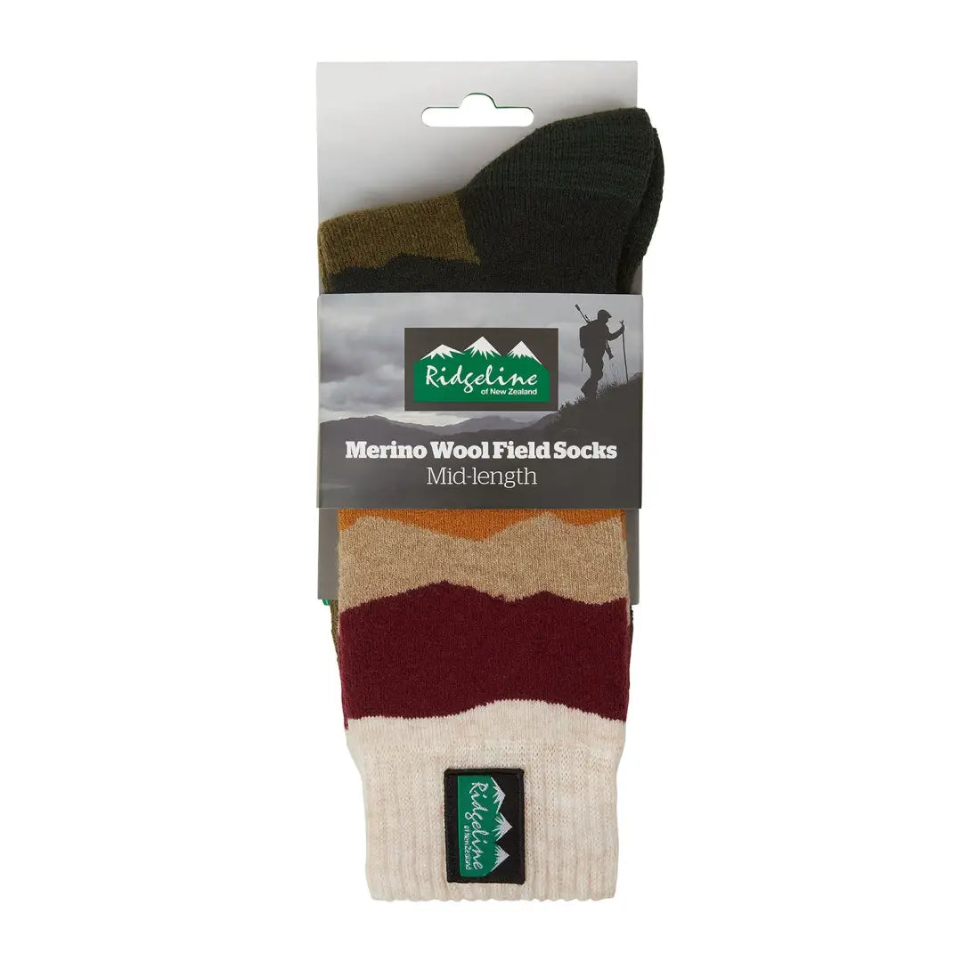 Colorful striped Merino Wool Socks in packaging, perfect for outdoor adventures