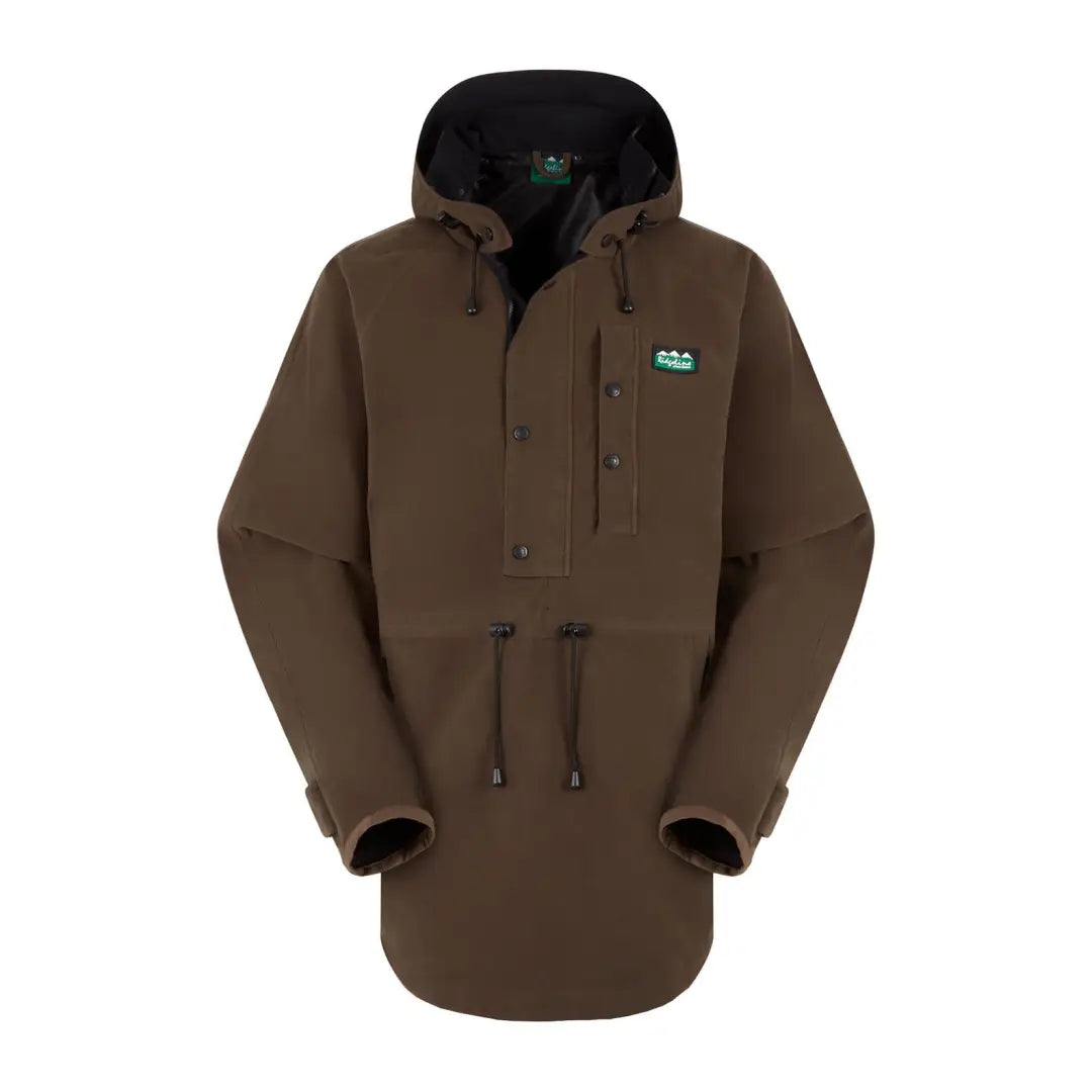 Brown hooded pullover jacket featuring a green logo from Ridgeline Monsoon Classic