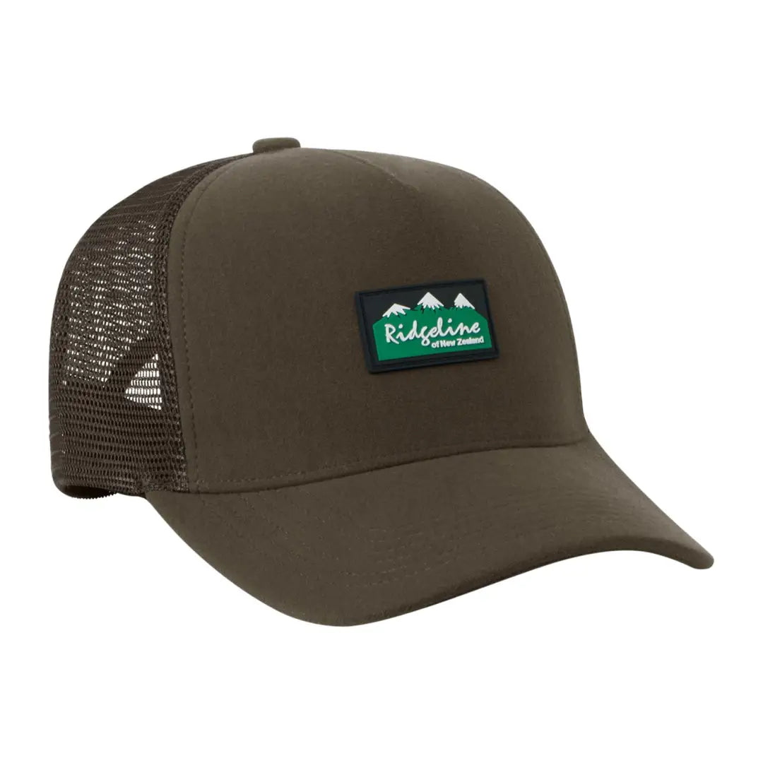 Olive green Ridgeline Monsoon Trucker Cap with logo patch for outdoor adventures