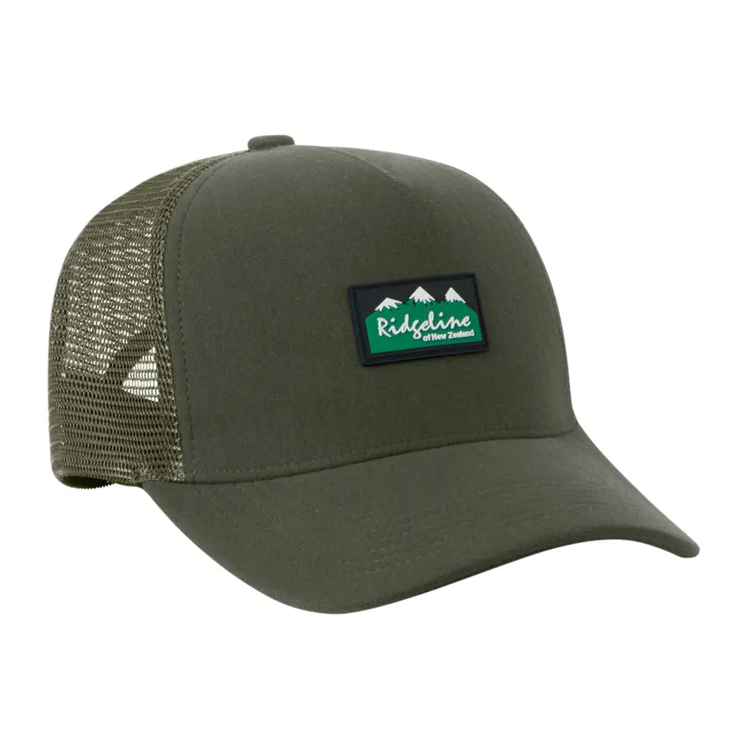 Olive green Ridgeline Monsoon Trucker Cap with logo patch for outdoor adventures