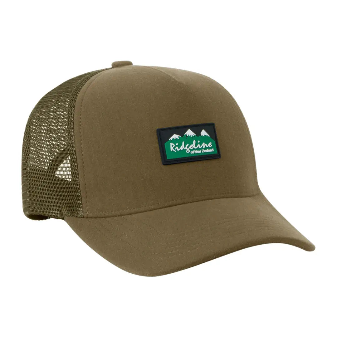 Olive green Ridgeline Monsoon Trucker Cap with logo patch on front. Perfect for any adventure!