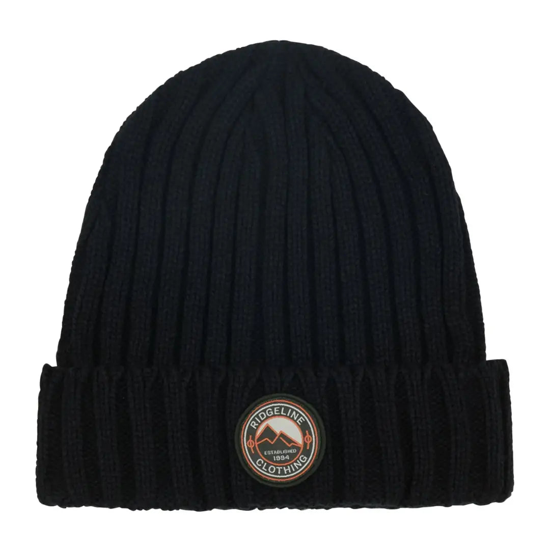 Black knitted beanie with mountain patch, perfect for country clothing and hunting