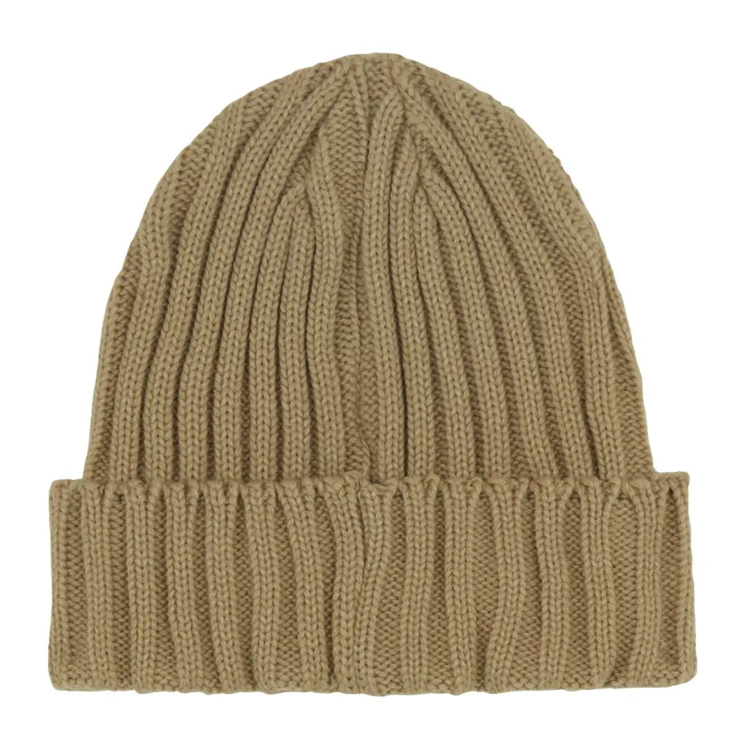 Beige knitted beanie hat with ribbed texture for stylish country clothing and hunting