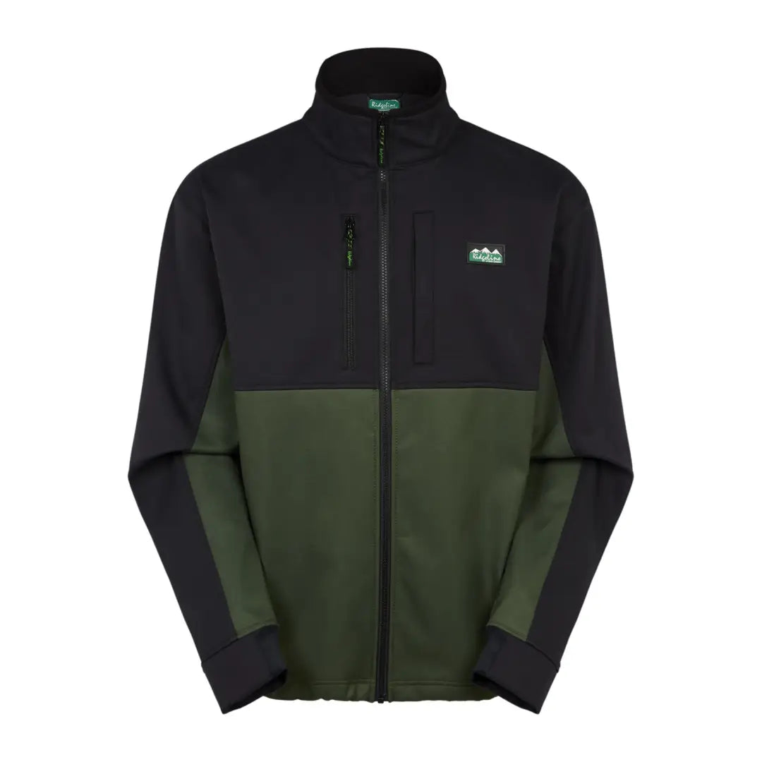 Two-tone Ridgeline Ranger Softshell Jacket with black and dark green halves, featuring two zipped pockets