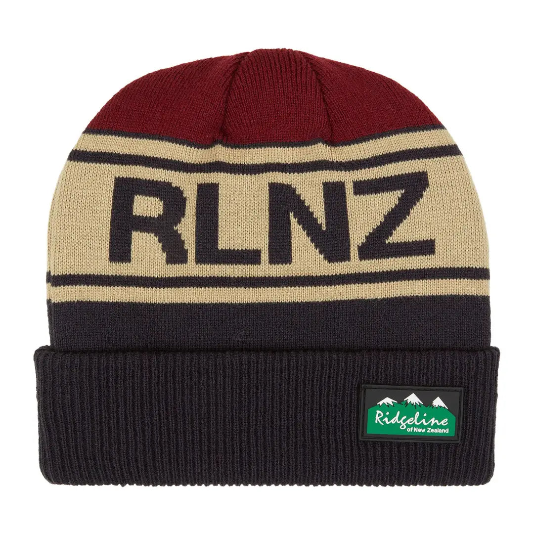 Knit beanie hat featuring RLNZ text and striped design in burgundy, beige, and navy