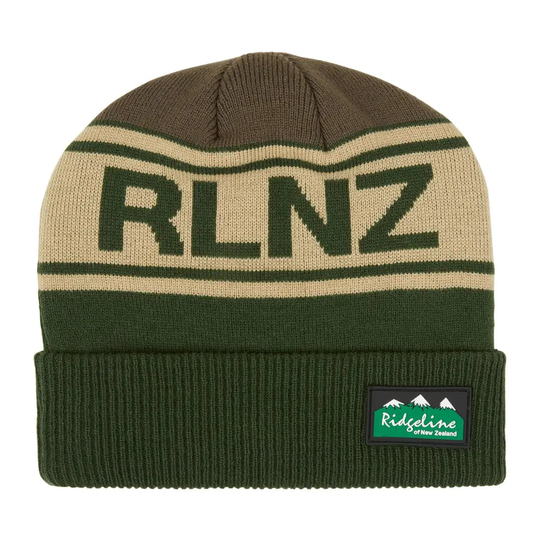 Knitted beanie featuring RLNZ text in green, tan, and brown for a stylish look