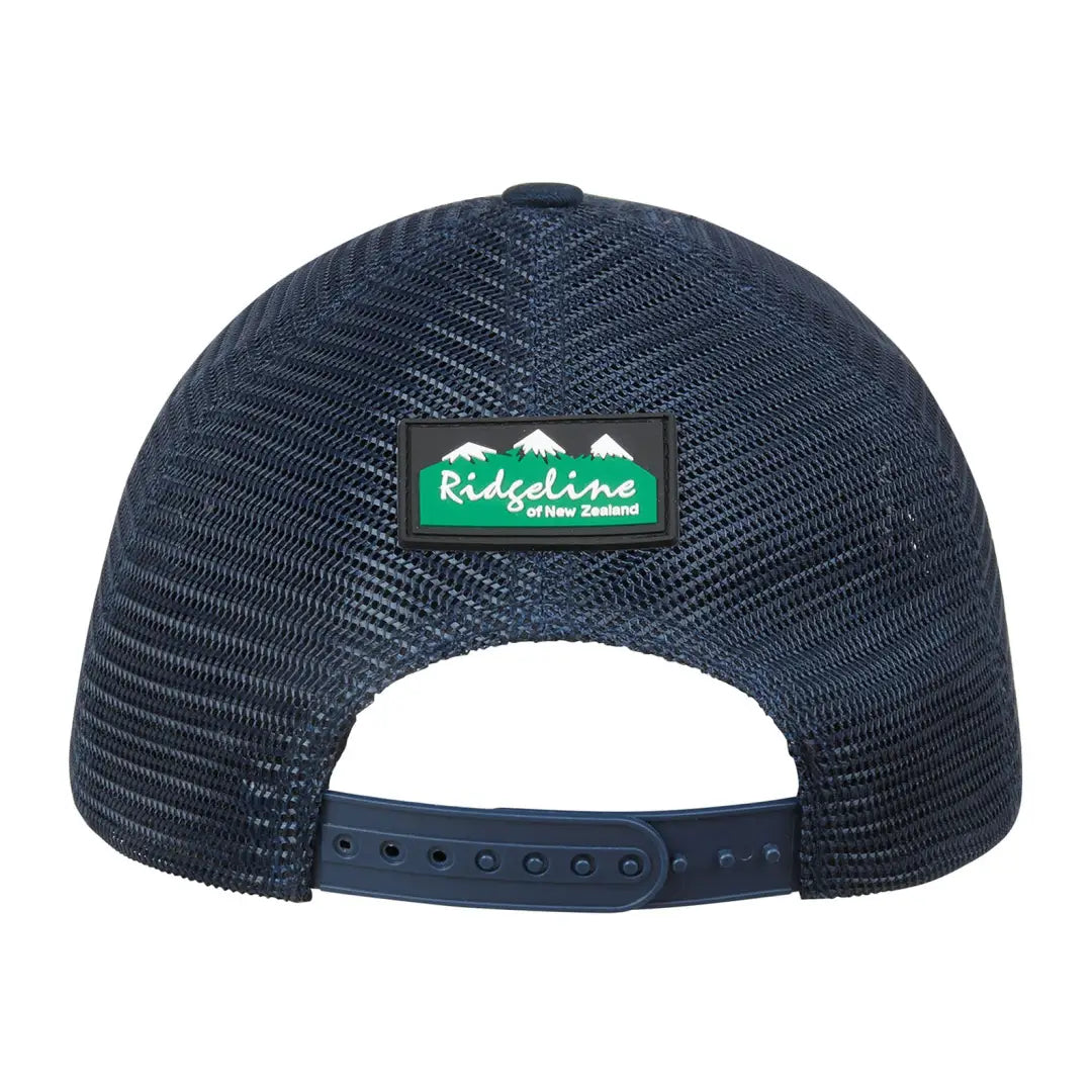 Navy blue mesh-back RLNZ Trucker Cap with Ridgeline logo patch for stylish outdoor wear