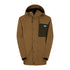 Brown Ridgeline Tempest Jacket with black pocket and cool teal logo on display