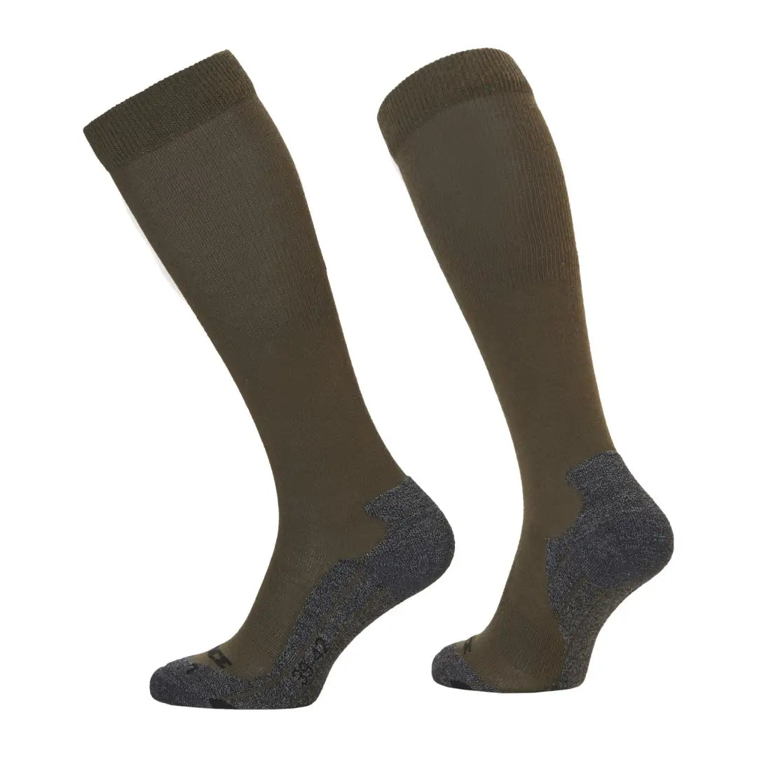 Tall olive green Rovince Shield Long Socks with gray heels and toes for a stylish look