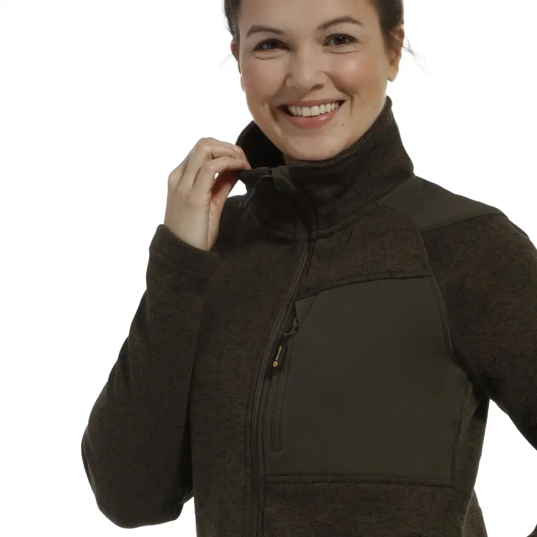 Olive green and brown Rovince Womens Coarse fleece jacket with high collar