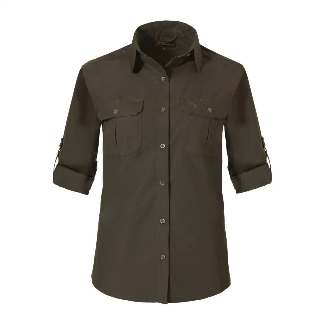 Dark olive green Rovince Womens Ergoline Shirt with rolled sleeves and chest pockets