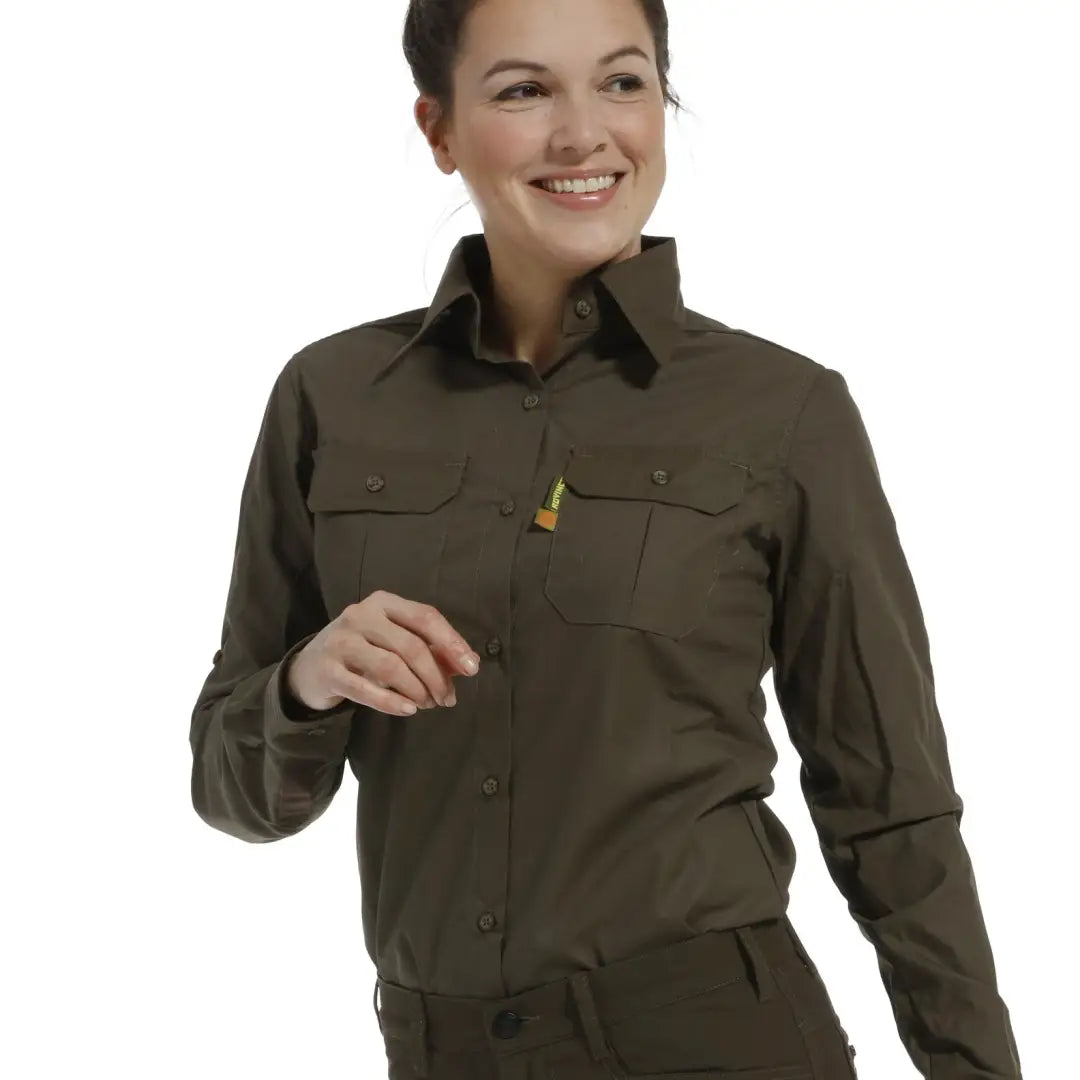 Woman in dark green Rovince Womens Ergoline Shirt with permanent anti-tick treatment