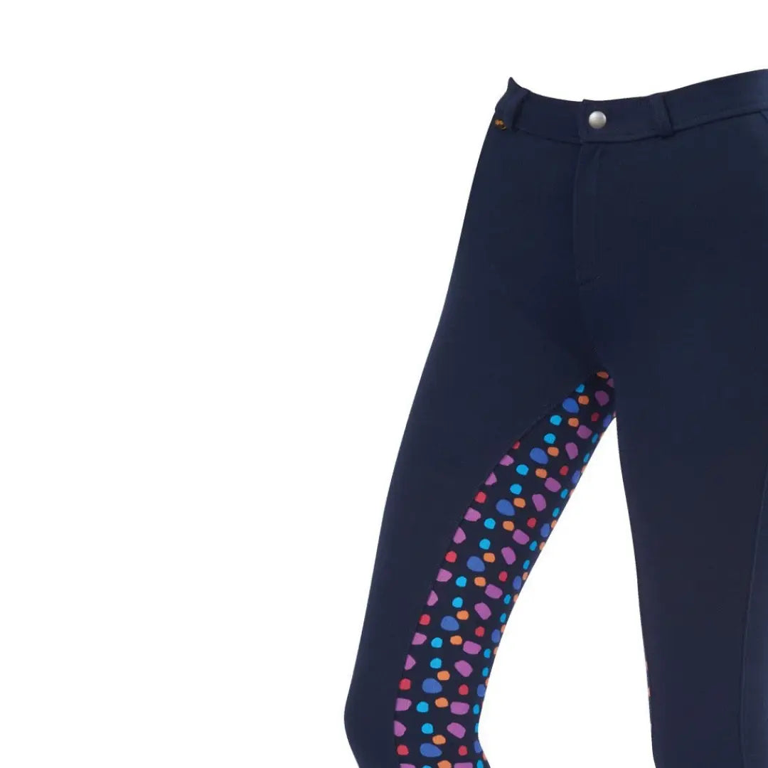 Navy blue Saxon Childs Warm Up Cotton Euro Seat Jodhpurs with colorful polka dots