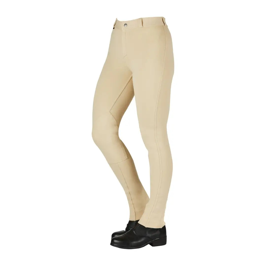 Beige Saxon Warm Up Cotton Jodhpurs II with stylish black riding boots for country clothing