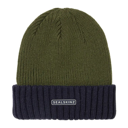 Knitted beanie hat in olive green and navy blue, perfect for cold weather adventures