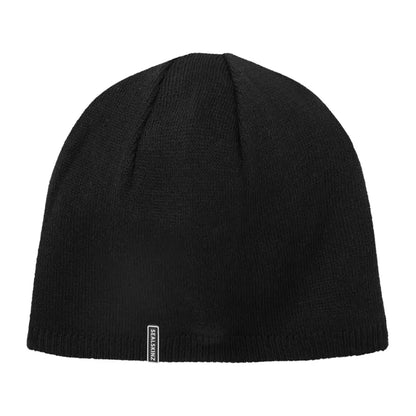 Black knit beanie hat with tag showing off the stylish Sealskinz Cley Hat vibe