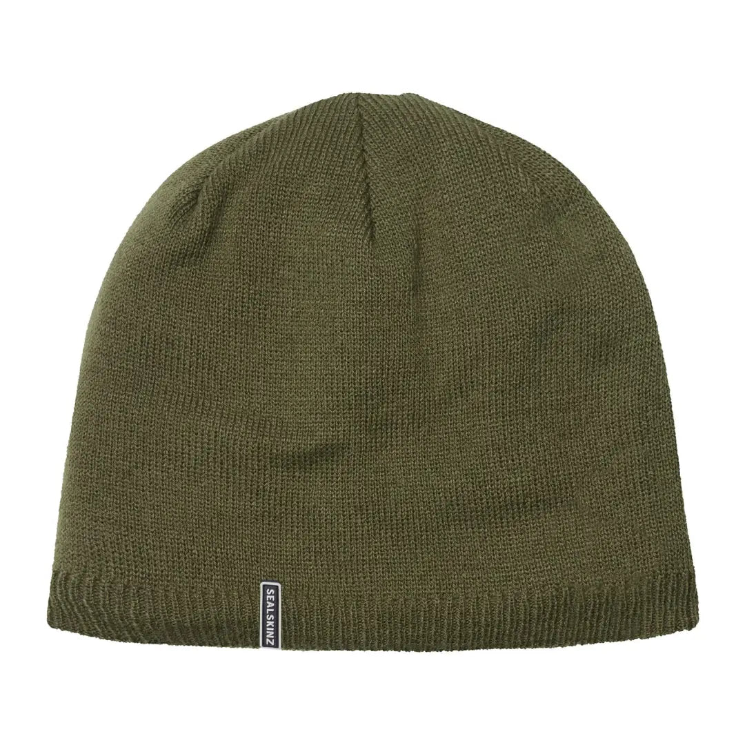 Olive green knit beanie, featuring a tag, perfect for your Sealskinz Cley Hat collection