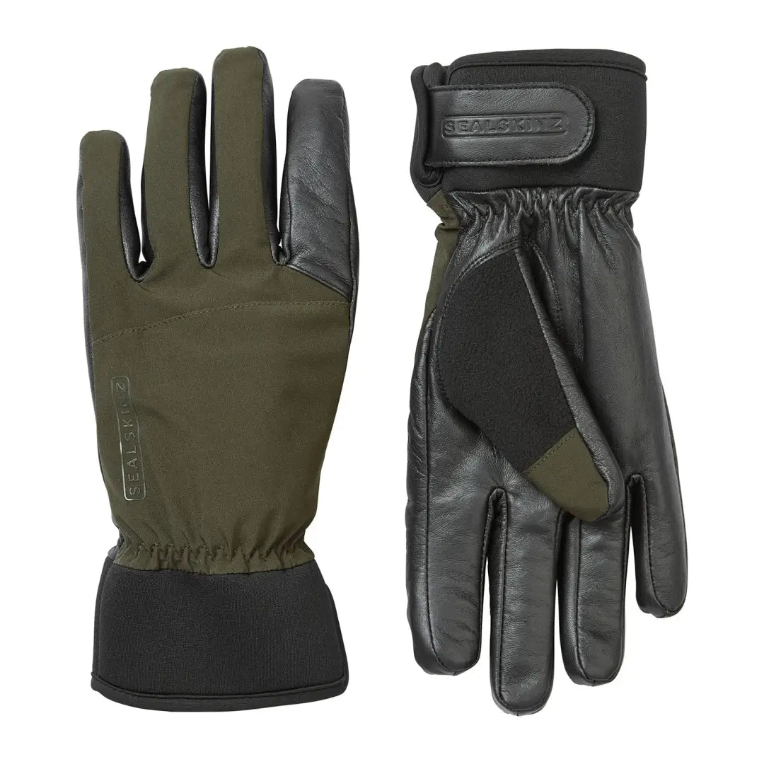 Pair of olive green and black waterproof gun cut gloves with leather palms by Sealskinz