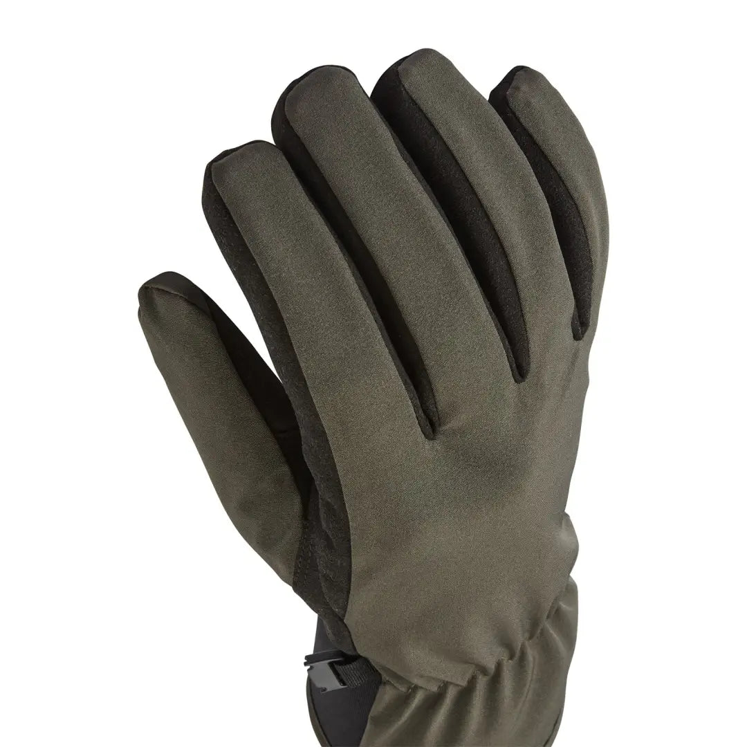 Olive green Sealskinz Griston Glove with black wrist strap for country clothing and outdoors