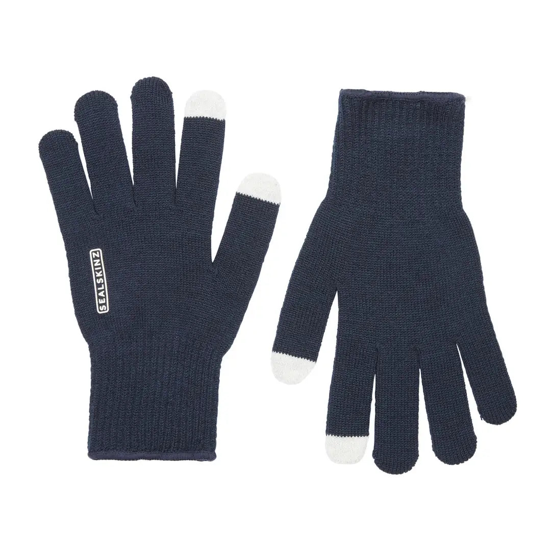 Navy blue Sealskinz Hanworth Merino Fleece Glove with white touchscreen fingertips