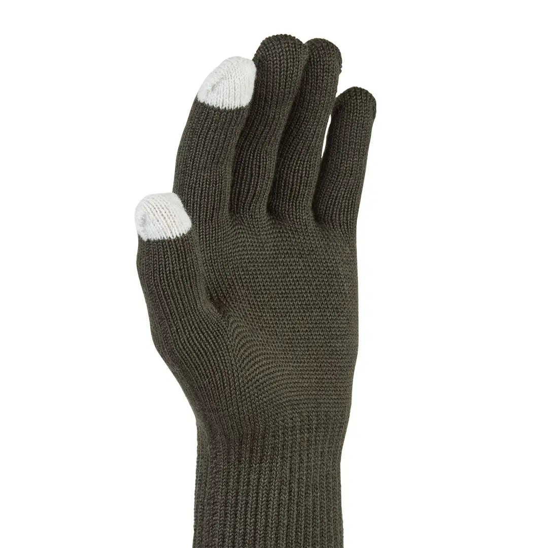 Dark green Sealskinz Hanworth Merino Fleece Glove with white thumb and index tips