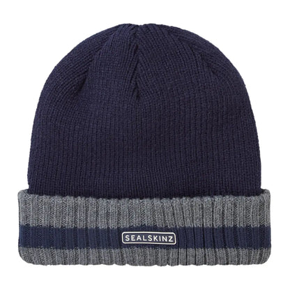 Navy blue knit beanie with a striped brim, perfect for country clothing and outdoors